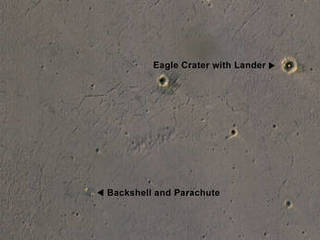 The bright landing  platform left behind by NASA's Mars Exploration Rover Opportunity in 2004 is  visible inside Eagle Crater, where &amp;quot;Opportunity Lander&amp;quot; is indicated  in this annotated, April 8, 2017, image from NASA's Mars Reconnaissance  Orbiter.