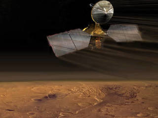 Artist concept of Mars Reconnaissance Orbiter during aerobraking.