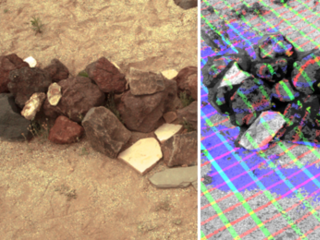 The left view is a sample view of a pile of rocks taken in the "Mars Yard" testing area at JPL. The right picture illustrates one way the camera data can be used to reveal the contours of a target from a distance.