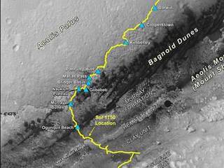 This map shows the route driven by NASA's Curiosity Mars rover, from the location where it landed in August 2012 to its location in July 2017 (Sol 1750), and its planned path to additional geological layers of lower Mount Sharp.