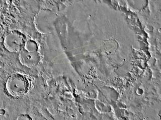 The designated landing site for the first Mars Exploration Rover mission is Gusev Crater, seen here in its geological context from NASA Viking images.