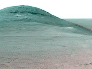 This June 2017 stereo  view from NASA's Opportunity Mars rover shows the area just above  "Perseverance Valley" on the rim of a crater. It combines images from  the left eye and right eye of the rover's Pancam to appear three-dimensional  when seen through blue-red glasses with the red lens on the left.